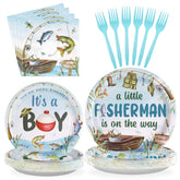 96 Pcs Fishing Baby Shower Party Plates and Napkins - Grencian