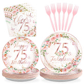 96 Pcs Floral 75th Birthday Party Plates and Napkins - Grencian