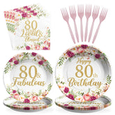 96 Pcs Floral 80th Birthday Party Plates and Napkins - Grencian