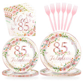 96 Pcs Floral 85th Birthday Party Plates and Napkins - Grencian