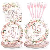 96 Pcs Floral 95th Birthday Party Plates and Napkins - Grencian