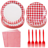 96 Pcs Gingham Red and White Party Plates and Napkins - Grencian