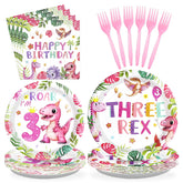 96 Pcs Girls Dinosaur 3rd Birthday Party Plates and Napkins - Grencian