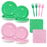 96 Pcs Glitter Pink and Green Party Plates and Napkins - Grencian