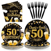 96 Pcs Gold Beer 50th Birthday Party Plates and Napkins - Grencian
