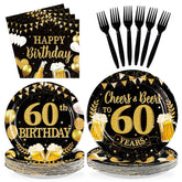96 Pcs Gold Beer 60th Birthday Party Plates and Napkins - Grencian