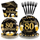 96 Pcs Gold Beer 80th Birthday Party Plates and Napkins - Grencian