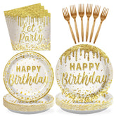 96 Pcs Gold Glitter Birthday Party Plates and Napkins - Grencian