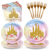 96 Pcs Golden Castle Birthday Party Plates and Napkins - Grencian