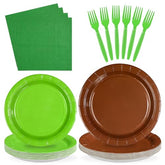 96 Pcs Green Brown Party Plates and Napkins - Grencian