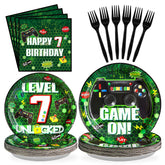 96 Pcs Green Video Game 7th Birthday Party Plates and Napkins - Grencian