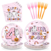 96 Pcs Halloween Pink 4th Birthday Party Plates and Napkins - Grencian