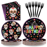 96 Pcs Halloween Skull Flower Birthday Party Plates and Napkins - Grencian