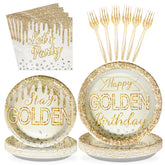 96 Pcs Happy Golden Birthday Party Plates and Napkins - Grencian