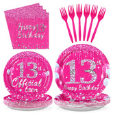 96 Pcs Hot Pink 13th Birthday Party Plates and Napkins - Grencian