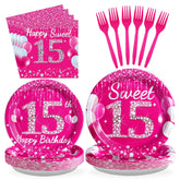 96 Pcs Hot Pink 15th Birthday Party Plates and Napkins - Grencian