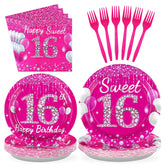 96 Pcs Hot Pink 16th Birthday Party Plates and Napkins - Grencian