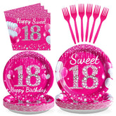 96 Pcs Hot Pink 18th Birthday Party Plates and Napkins - Grencian