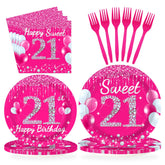 96 Pcs Hot Pink 21st Birthday Party Plates and Napkins - Grencian