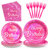 96 Pcs Hot Pink Birthday Party Plates and Napkins - Grencian