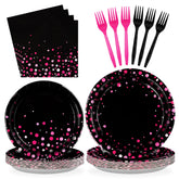 96 Pcs Hot Pink Dots on Black Party Plates and Napkins - Grencian