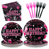 96 Pcs Hot Pink and Black Birthday Party Plates and Napkins - Grencian