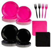 96 Pcs Hot Pink and Black Party Plates and Napkins - Grencian