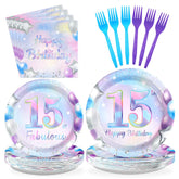 96 Pcs Iridescent 15th Birthday Party Plates and Napkins - Grencian