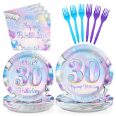 96 Pcs Iridescent 30th Birthday Party Plates and Napkins - Grencian