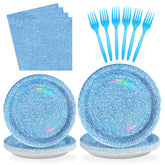96 Pcs Iridescent Blue Party Plates and Napkins - Grencian