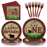 96 Pcs Lumberjack First Birthday Party Plates and Napkins - Grencian