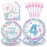 96 Pcs Mermaid 4th Birthday Party Plates and Napkins - Grencian