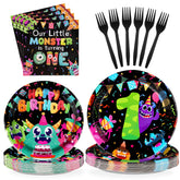 96 Pcs Monster 1st Birthday Party Plates and Napkins - Grencian