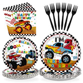 96 Pcs Monster Truck 2nd Birthday Party Plates and Napkins - Grencian