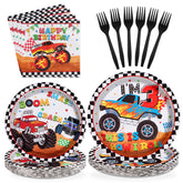 96 Pcs Monster Truck 3rd Birthday Party Plates and Napkins - Grencian