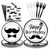 96 Pcs Mustache Birthday Party Plates and Napkins - Grencian