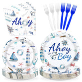 96 Pcs Nautical Baby Shower Party Plates and Napkins - Grencian