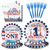 96 Pcs Nautical Boy First Birthday Party Plates and Napkins - Grencian