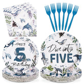 96 Pcs Ocean 5th Birthday Party Plates and Napkins - Grencian