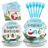 96 Pcs One Birthday Gone Fishing Party Plates and Napkins - Grencian