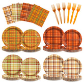 96 Pcs Orange Brown Plaid Party Plates and Napkins - Grencian