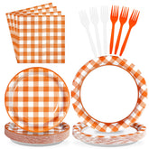 96 Pcs Orange Gingham Party Plates and Napkins - Grencian