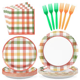 96 Pcs Orange Green Plaid Party Plates and Napkins - Grencian