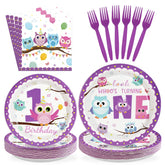 96 Pcs Owl 1st Birthday Party Plates and Napkins - Grencian