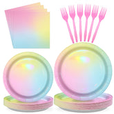 96 Pcs Pastel Rainbow Birthday Party Plates and Napkins - Grencian