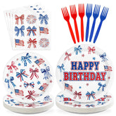 96 Pcs Patriotic Bows Birthday Party Plates and Napkins - Grencian