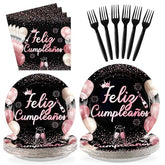 96 Pcs Pink Black Mexican Birthday Party Plates and Napkins - Grencian