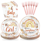 96 Pcs Pink Boho Baby Shower Party Plates and Napkins - Grencian