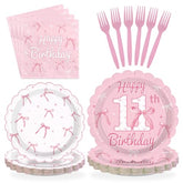 96 Pcs Pink Bow 11th Birthday Party Scalloped Plates and Napkins - Grencian
