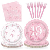 96 Pcs Pink Bow 19th Birthday Party Scalloped Plates and Napkins - Grencian